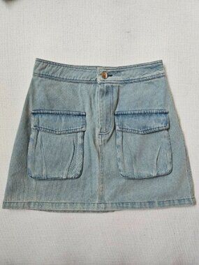 Pink Lily Worn In Love Cargo Light Wash Denim Mini Skirt